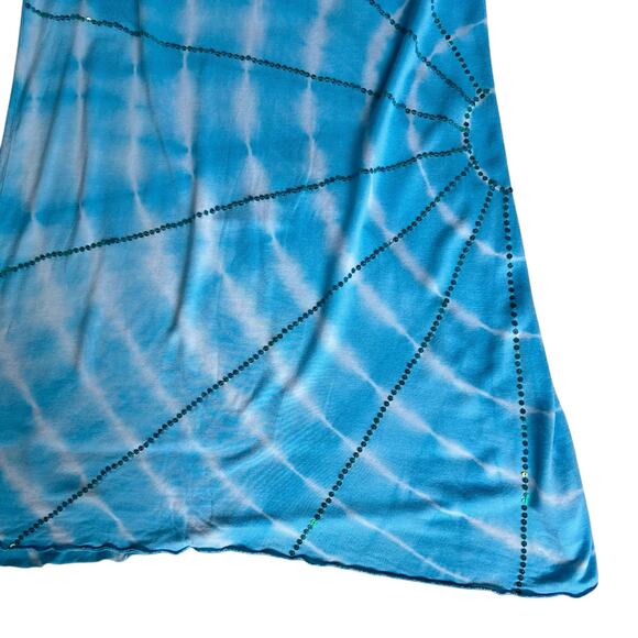 Tie Dye Summer Dress Womens S Teal White Sequins Tie Back Boho Colorful Festival - Picture 13 of 14